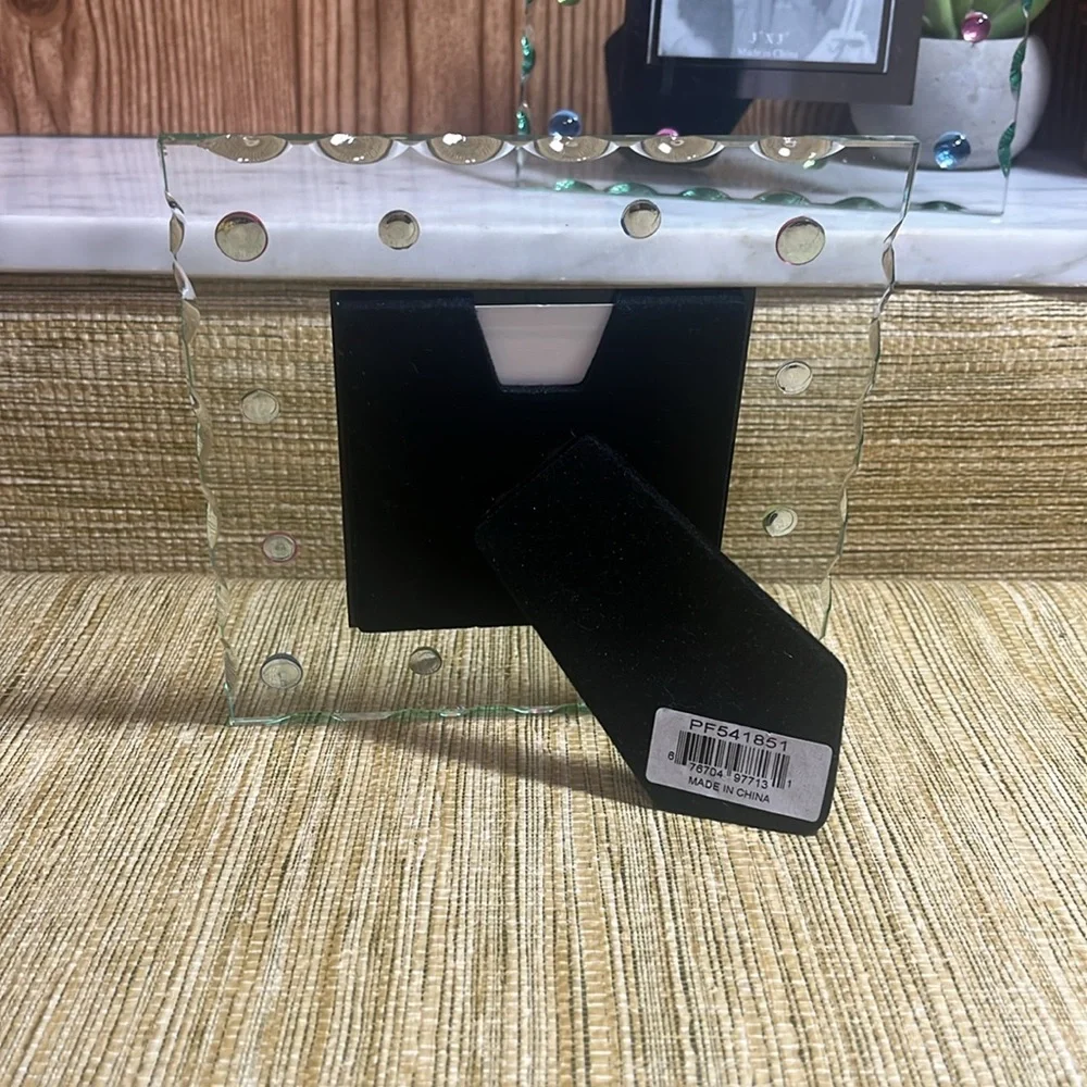 Decorative Glass Photo Frame with Multicolor Accents Beveled Edges holds a 3x3